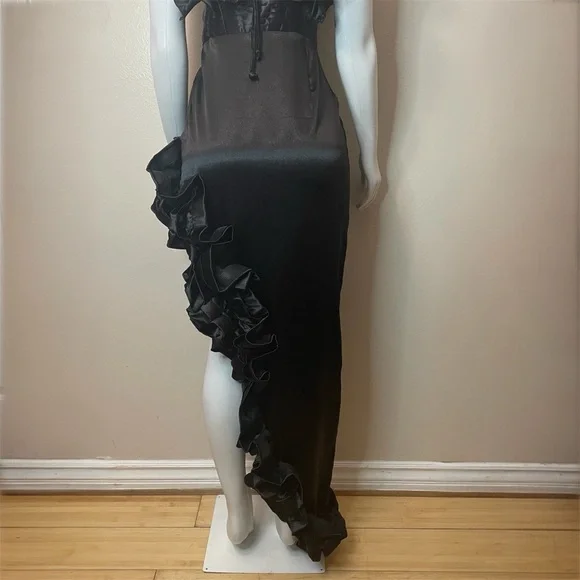 Black satin deep V-neck high low ruffle dress - Picture 10 of 13